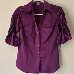 Ann Taylor Purple Silk-Blend Ruched Sleeve Button Down Shirt